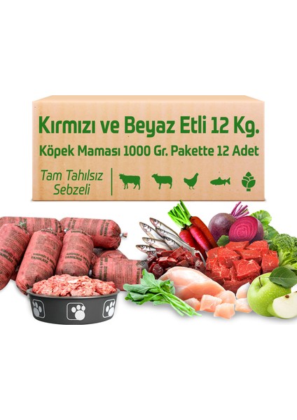 Kırmızı ve Beyaz Etli Tahılsız Köpek Barf Maması 12Kg 1000 GR