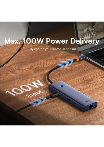 100W 6in1 Çevirici Çoğaltıcı Adaptör Dock Hub, 3x Usb, 2x Type C, 1x 60Hz Hdmı, 1x RJ45 Port Girişli Hub