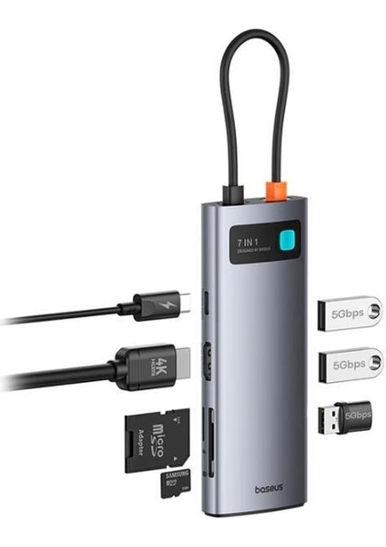 100W 7in1 Çevirici Çoğaltıcı Adaptör, 3x Usb, 1x Type C, 1x 60Hz Hdmı, 1x Tf-Sd Girişli Hub