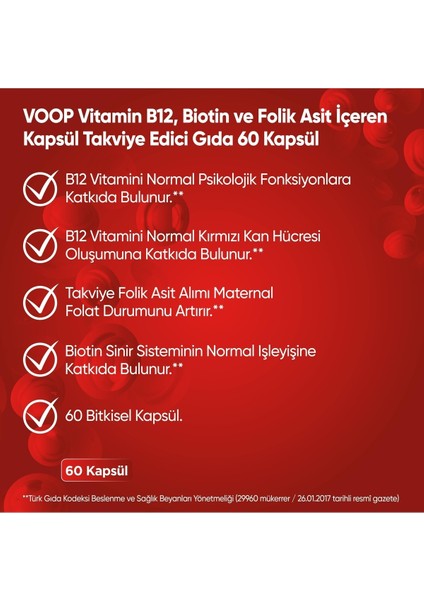 B12 Vitamini - Biotin&Folik Asit Cilt, Saç, Tırnak ve Beyin Sağlığı Destekleyici 60 Bitkisel Kapsül