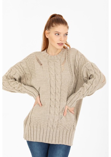 Bisiklet Yaka Örgü Desenli Oversize KAZAK(A92257-S)