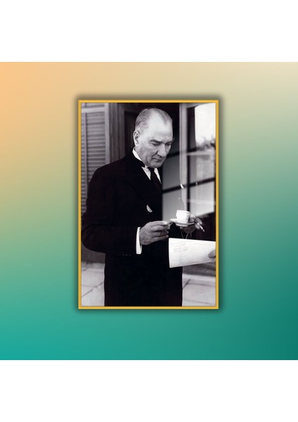 Metal Çerçeveli Temperli Cam Ofis Tablosu Kahve Içen Atatürk fiyatları
