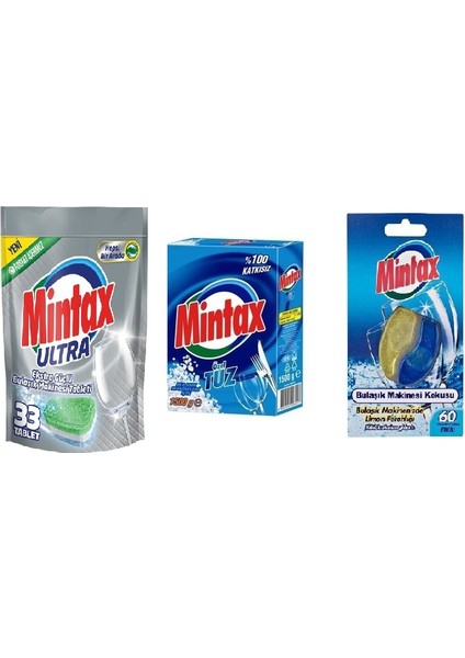 Bulaşık Makinesi Tableti Hepsi Bir Arada 33'lü + Mintax Bulaşık Makinesi Tuzu 1.5 kg + Mintax Bulaşık Makinesi Kokusu