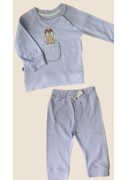 TAVŞANLI FİTİLLİ BEBEK ALT ÜST TAKIM PAMUK 3-6 / 18-24 AY BEBE MAVİSİ