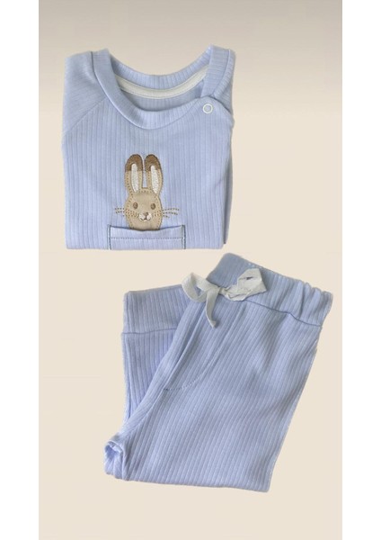 TAVŞANLI FİTİLLİ BEBEK ALT ÜST TAKIM PAMUK 3-6 / 18-24 AY BEBE MAVİSİ
