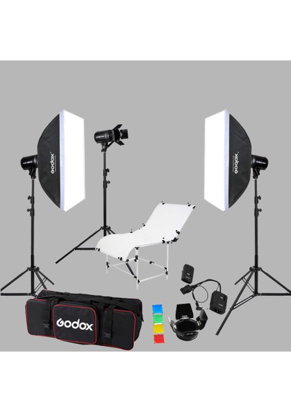 E250 3'lü Paraflaş Set + Çekim Masası 1x2 Metre