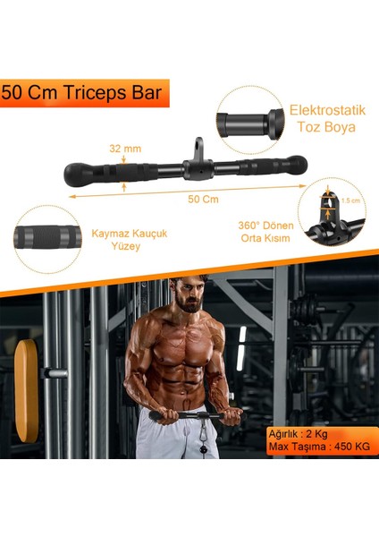 Siyah 50 Cm Lat PushDown Bar - Düz Bar Biceps / Triceps Aparatı