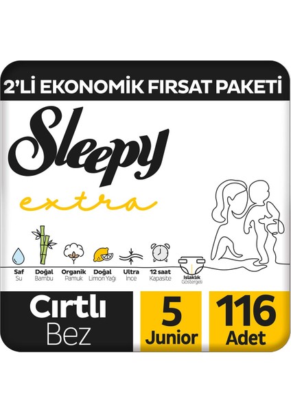Extra Günlük Aktivite 2'li Ekonomik Fırsat Paketi Bebek Bezi 5 Numara Junior 116 Adet
