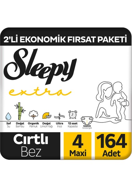 Extra Günlük Aktivite 2'li Ekonomik Fırsat Paketi Bebek Bezi 4 Numara Maxi 164 Adet