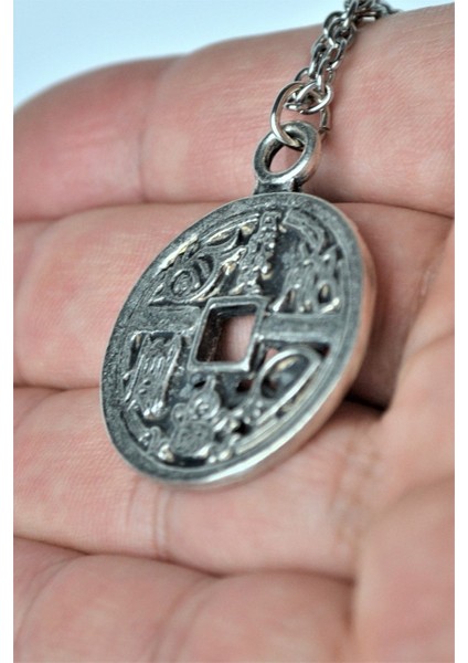 Çin Feng Shui Şans Parası Erkek Kadın Antik Gümüş Kaplama 60 cm Zincir Kolye fırsatları