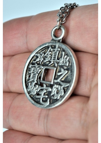 Çin Feng Shui Şans Parası Erkek Kadın Antik Gümüş Kaplama 60 cm Zincir Kolye indirimleri