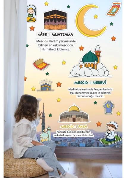 Mescid-I Aksa Mescid-I Nebevi Kabe-I Muazzama ve Sevimli Islami Figürlerden Oluşan Eğitici Öğretici Cam Duvar Ramazan Sticker Seti Ramazan Süsü