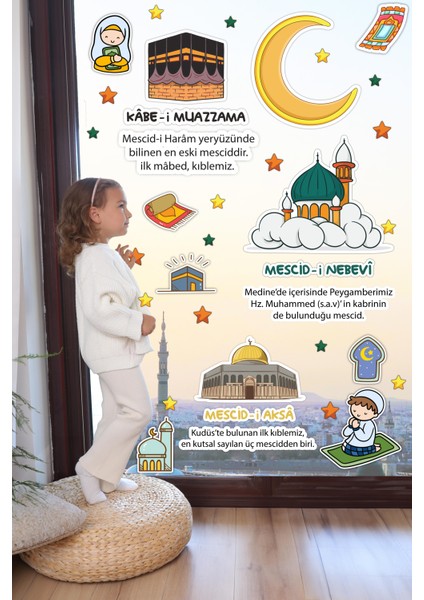 Mescid-I Aksa Mescid-I Nebevi Kabe-I Muazzama ve Sevimli Islami Figürlerden Oluşan Eğitici Öğretici Cam Duvar Ramazan Sticker Seti Ramazan Süsü