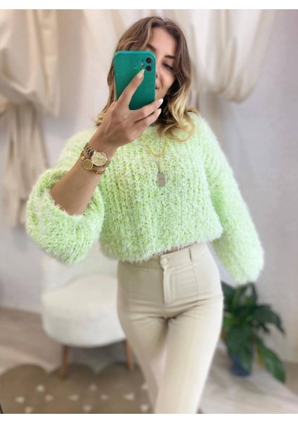 Kadın Fıstık Yeşili Örme Yumoş Crop Kırçıllı Kazak