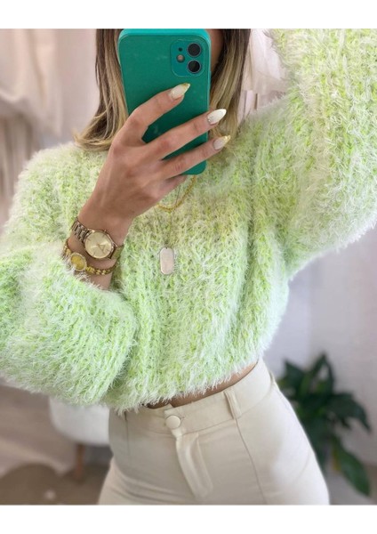 Kadın Fıstık Yeşili Örme Yumoş Crop Kırçıllı Kazak
