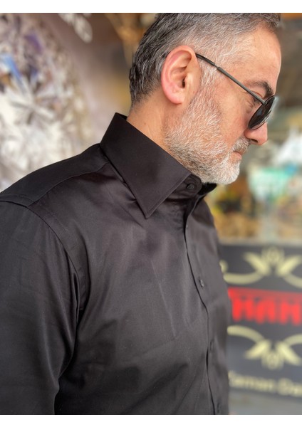 Slimfit Siyah Saten Polat Yaka Gömlek