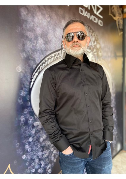 Slimfit Siyah Saten Polat Yaka Gömlek modelleri
