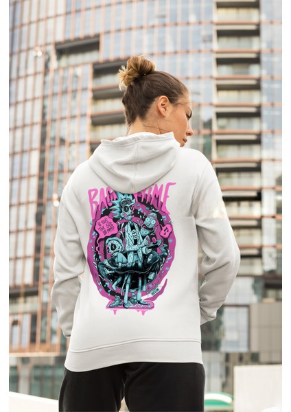 Rick And Morty Back In Time Ön Ve Sırt Baskılı Unisex Kapüşonlu Sweatshirt Hoodie