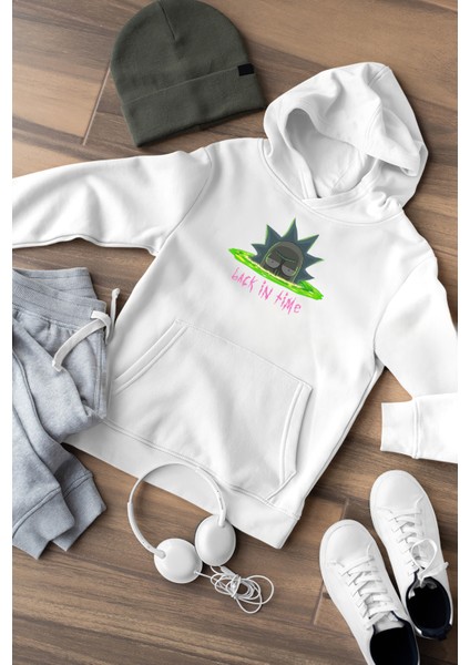 Rick And Morty Back In Time Ön Ve Sırt Baskılı Unisex Kapüşonlu Sweatshirt Hoodie