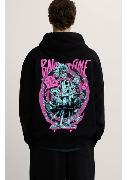 Rick And Morty Back In Time Ön Ve Sırt Baskılı Unisex Kapüşonlu Sweatshirt Hoodie