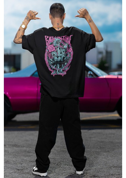 Rick And Morty Back In Time Ön ve Sırt Baskılı Yüksek Kaliteli Unisex Oversize Tshirt