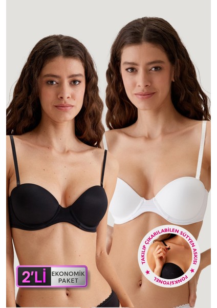 2'Li Paket Siyah-Beyaz 6806 Vicenza Ekstra Push Up Dolgulu Straplez Sütyen Set