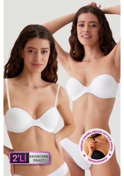 2'Li Paket Beyaz 6806 Vicenza Ekstra Push Up Dolgulu Straplez Sütyen Set
