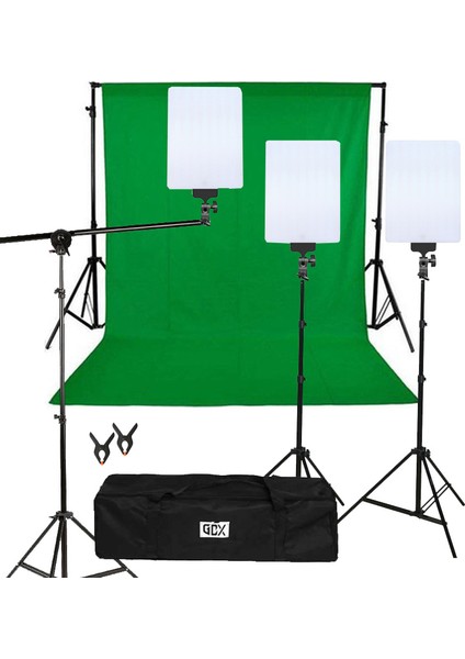 LED 528 C 3'lü Panel Set + Seyyar Yeşil Fon Perde 3x3 Metre