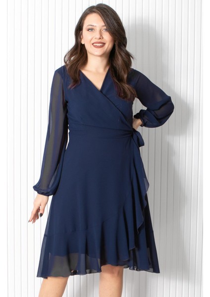 Fırfırlı Şifon Abiye Elbise Lacivert FHM914 fiyatları