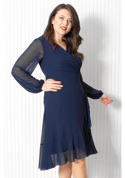 Fırfırlı Şifon Abiye Elbise Lacivert FHM914 modelleri