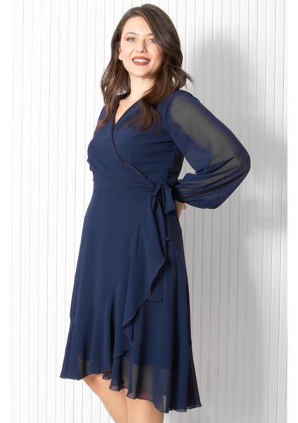 Fırfırlı Şifon Abiye Elbise Lacivert FHM914 fırsatları