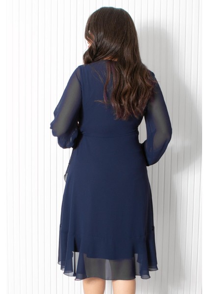 Fırfırlı Şifon Abiye Elbise Lacivert FHM914 indirimleri