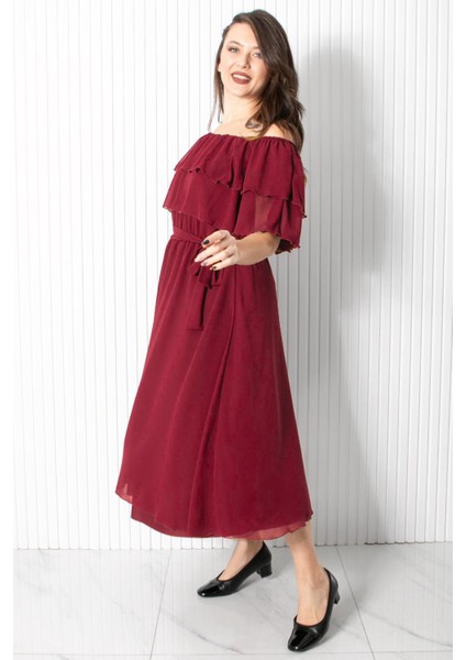 Karmen Yaka Şifon Abiye Elbise Mürdüm FHM918 fiyatları