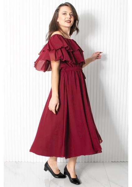 Karmen Yaka Şifon Abiye Elbise Mürdüm FHM918 modelleri