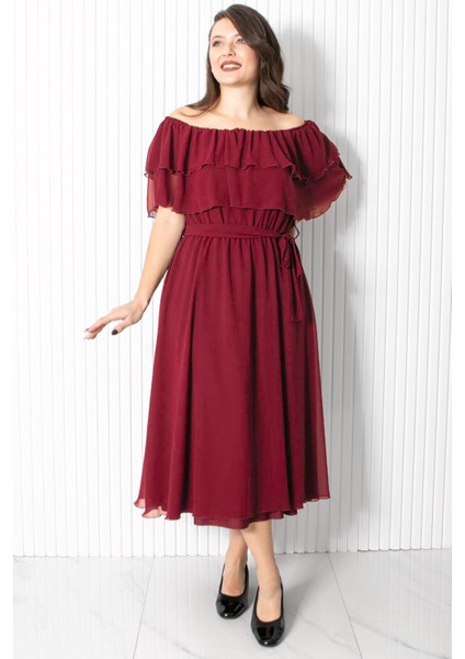 Karmen Yaka Şifon Abiye Elbise Mürdüm FHM918 fırsatları