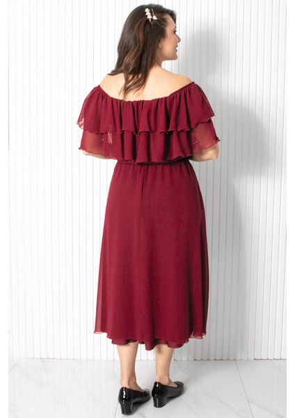 Karmen Yaka Şifon Abiye Elbise Mürdüm FHM918 indirimleri