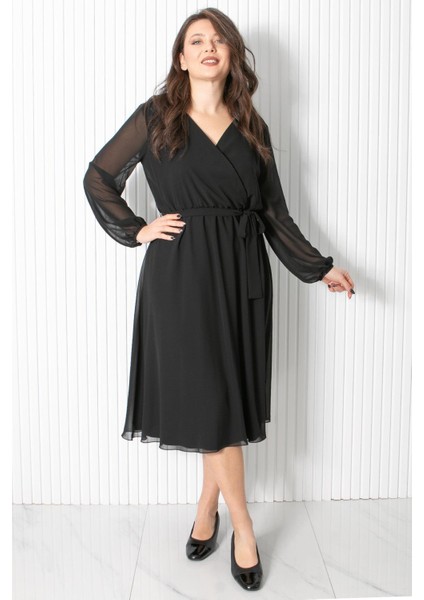 Kemer Detaylı Şifon Abiye Elbise Siyah FHM916