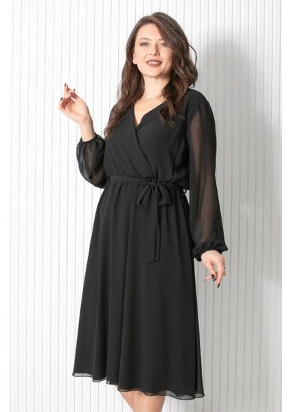 Kemer Detaylı Şifon Abiye Elbise Siyah FHM916 modelleri