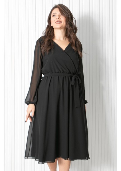 Kemer Detaylı Şifon Abiye Elbise Siyah FHM916 indirimleri