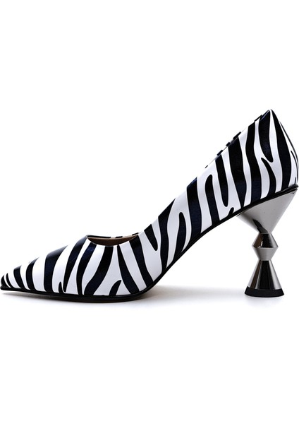 C03720 Zebra Desen Siyah Beyaz Kadeh Topuk Kadın Stiletto Ayakkabı modelleri