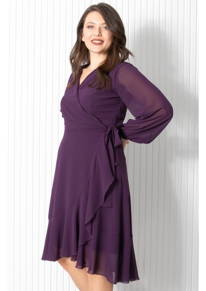 Fırfırlı Şifon Abiye Elbise Mor FHM914 modelleri