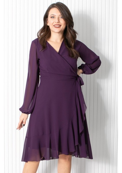 Fırfırlı Şifon Abiye Elbise Mor FHM914 indirimleri