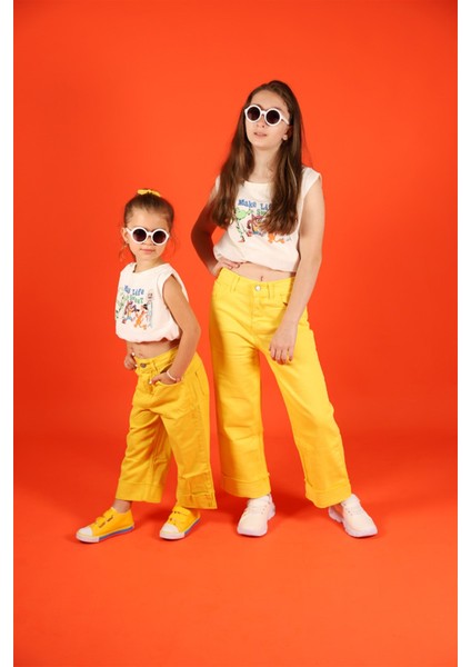 04-14 Yaş Kız Çocuk Paça Detay Sarı Pantalon