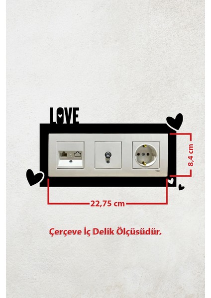 Love Yazılı Kalp Tasarım 3lü Priz Çerçevesi (Iç Ölçü 22,75X8,4 Cm) Üçlü Dekoratif Çerçeve