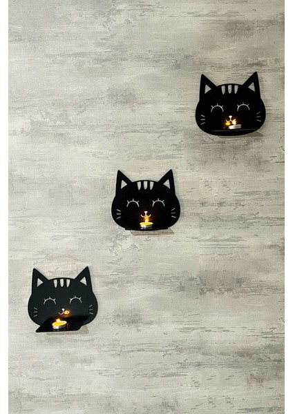 Dekoratif Kedi Duvar Rafı 3 Lü Set (20 Cm) Duvar Mumluğu