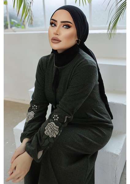Kolları Işlemeli Tesettür Elbise 755 - Haki fiyatları