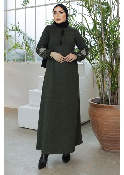 Kolları Işlemeli Tesettür Elbise 755 - Haki modelleri