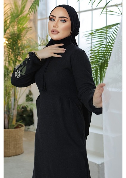 Kolları Işlemeli Tesettür Elbise 755 - Siyah fiyatları
