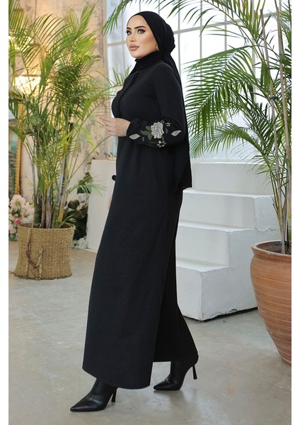 Kolları Işlemeli Tesettür Elbise 755 - Siyah modelleri