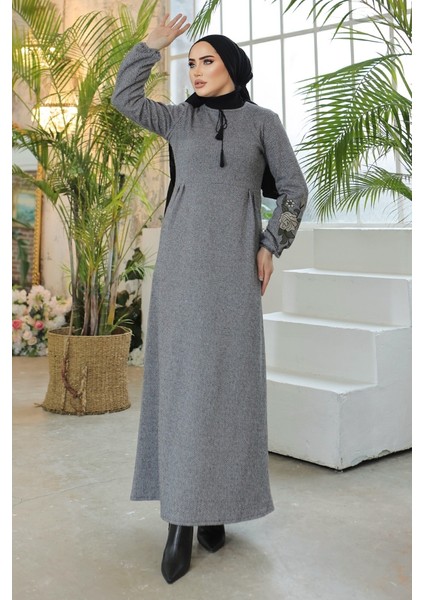 Kolları Işlemeli Tesettür Elbise 755 - Gri fiyatları